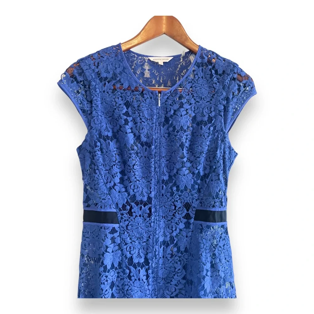 Rebecca Taylor Blue Floral Lace Cap Sleeve Fit &‎ Flare Dress Size 2 Zip Front